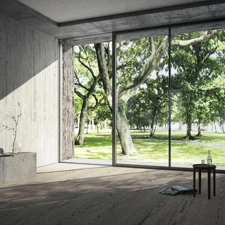 Living room opening through an ASE sliding door onto a shaded timber deck