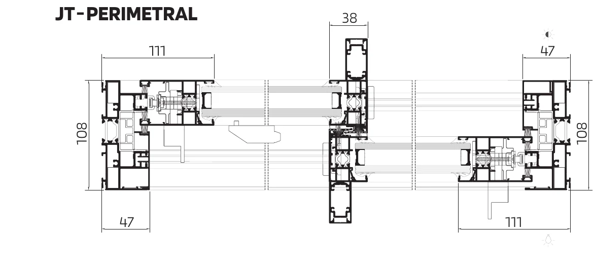 JT-Perimeter cross-section drawing — 111 mm frame with the 38 mm perimeter mobile frame