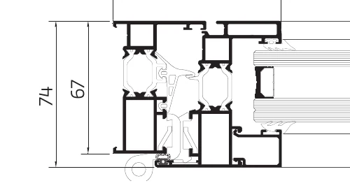 LT cross-section drawing — 67 mm frame with the 74 mm mobile frame