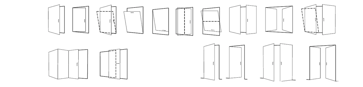 LT typology drawings — casement, door, tilt-and-turn, tilt-and-slide, awning, hopper, pivot and folding