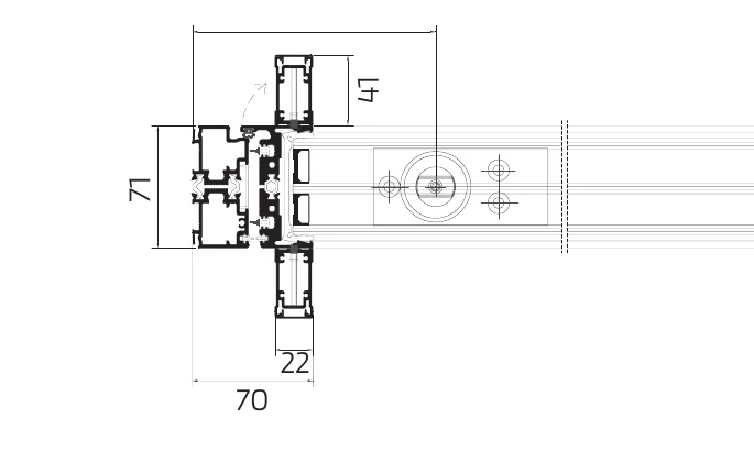 OS-Pivot jamb detail drawing — 70 mm profile plan section through the pivot axis