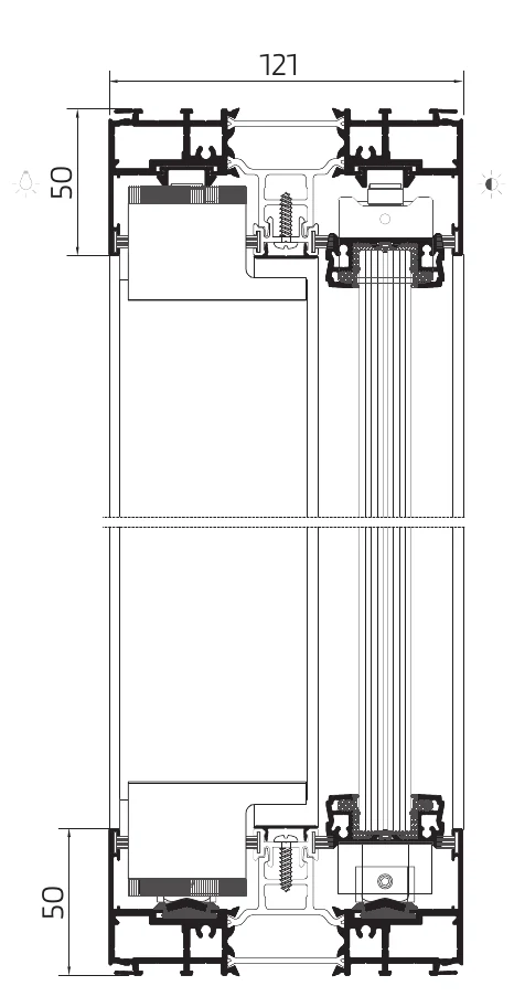 OS-Simple cross-section drawing — 121 mm fixed frame over a 50 mm sill