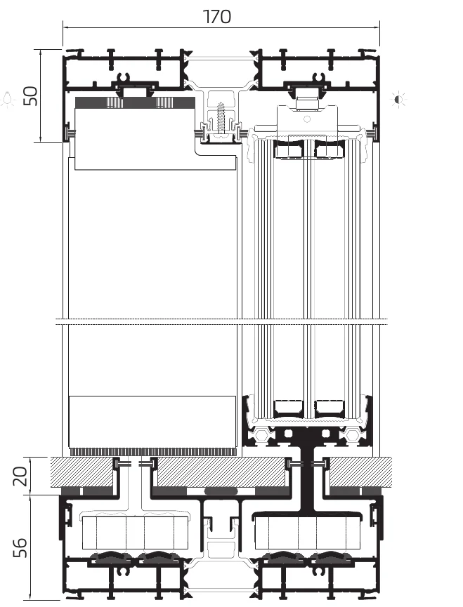 OS-Triple sill cross-section drawing showing the triple-glazed infill seated in the track