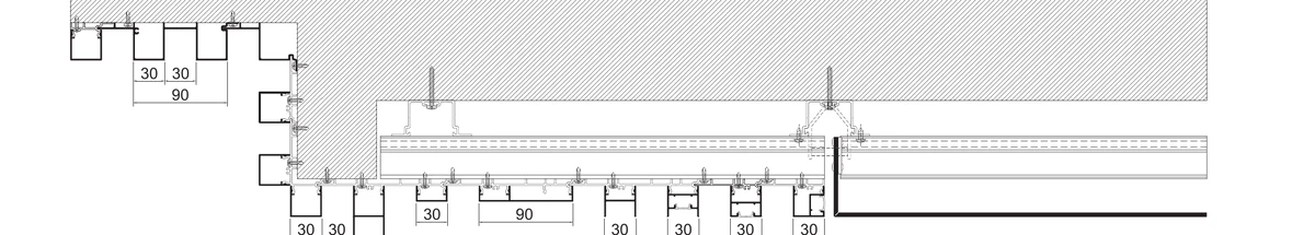 QS-REV fixing detail — cap modules engaged on the support profile