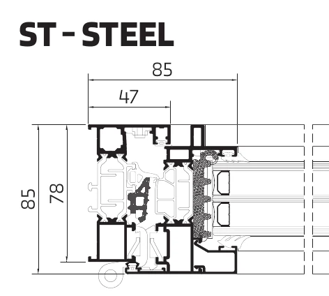 ST-Steel cross-section drawing — 78 mm frame, 85 mm sash, 47 and 25 mm elements